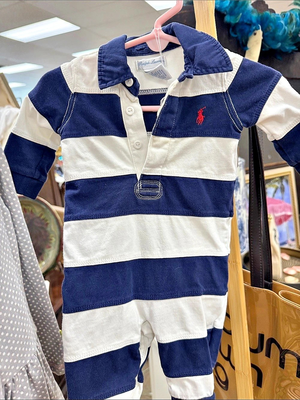 Ralph Lauren Striped Polo Romper Blue & White Baby 3M